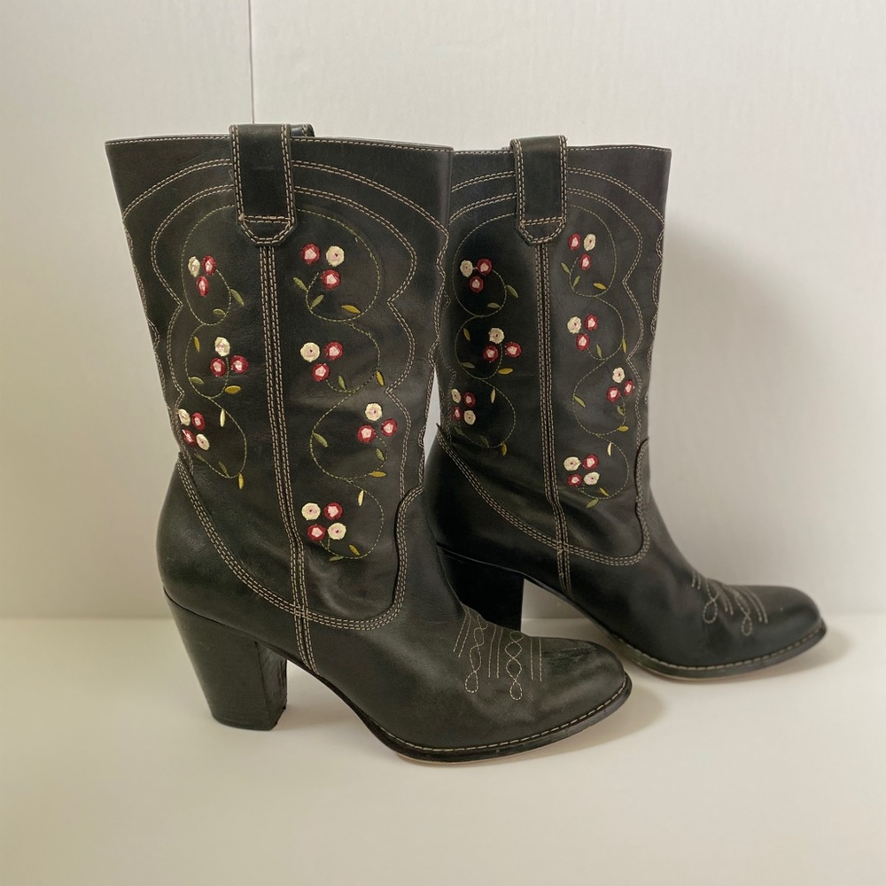 Black and floral leather heeled cowboy boots